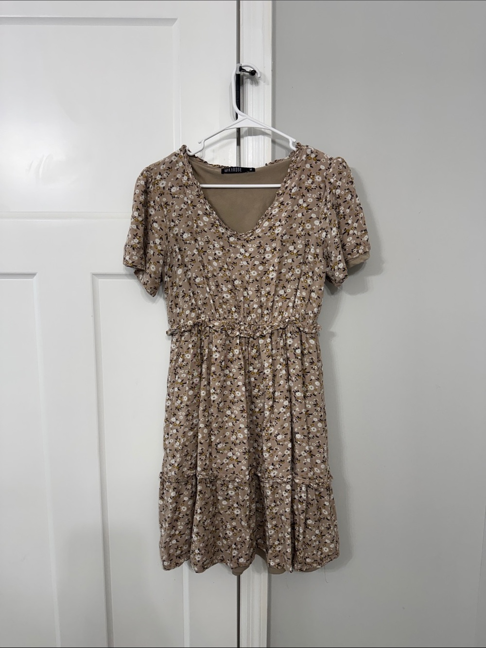 Mikarose Taupe Floral Tiered V-Neck Mini Dress